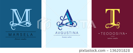 Logo M, capital letter A, T. Monogram of Botanical Minimalistic, Initial. with Organic Plant Elements. 136201828