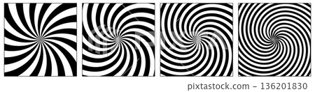 Black and white spiral illusion background. Circus backdrop. Abstract hypnotic radial patterns with optical distortion and twisted vortex effect. Dynamic graphic vector illustrations set 136201830