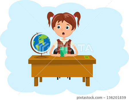 The geography girl thinks and answers. And she has an idea. Geography girl looking at the question. Vector illustration in a flat style. The geography girl thinks and answers. And she has an idea. Geography girl looking at the question. Vector illustration in a flat style. 136201839