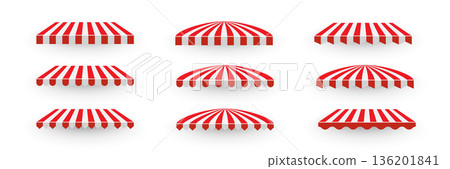 Red and white striped awning set. Collection of different shop canopies. Storefront sunshade elements for market stalls, cafes, outdoor shops. Realistic vector illustrations Red and white striped awning set. Collection of different shop canopies. Storefront sunshade elements for market stalls, cafes, outdoor shops. Realistic vector illustrations 136201841