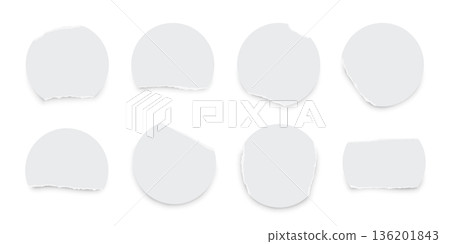 Torn paper circles with rough ripped edges isolated on transparent background. Document mockup, newspaper cutout, scrapbooking elements, labels, stickers. Realistic vector illustration set 136201843