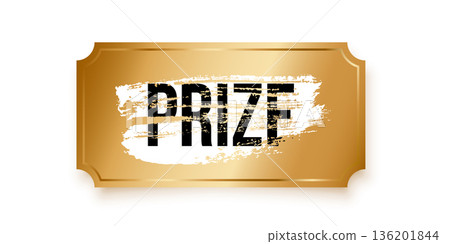 Golden scratch-off ticket with grunge brush stroke opening the word prize. Gold winner scratching card. Winning lottery coupon isolated on transparent background. Realistic vector illustration 136201844