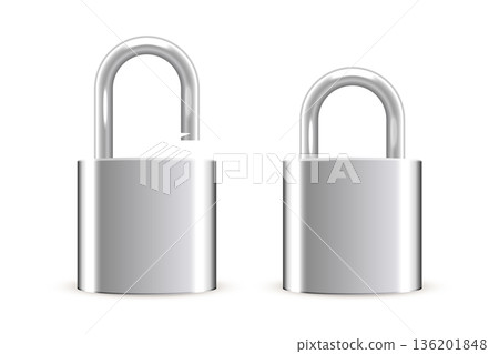 Metallic locks set. Silver closed and open padlocks isolated on transparent background. Safety and security concept. House protection. Game icons. Realistic vector illustrations Metallic locks set. Silver closed and open padlocks isolated on transparent background. Safety and security concept. House protection. Game icons. Realistic vector illustrations 136201848