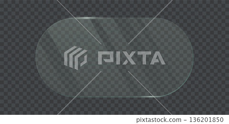 Transparent glass oval frame. 3d plastic blank screen isolated on on transparent background. Reflective surface panel with light glare. Modern UI element. Realistic vector illustration Transparent glass oval frame. 3d plastic blank screen isolated on on transparent background. Reflective surface panel with light glare. Modern UI element. Realistic vector illustration 136201850