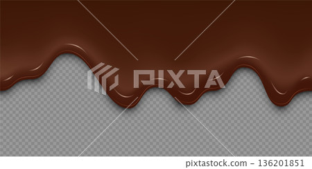 Dripping chocolate on transparent background. Glossy melted dark cream texture with smooth curves and highlights for dessert decoration. Food design. Realistic 3d vector illustration 136201851