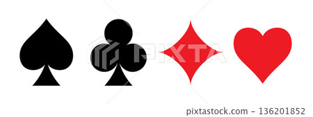 Playing card suits set. Poker cards black spade, club and red diamond, heart isolated on transparent background. Classic poker and casino symbols minimalistic and simple design. Vector illustrations Playing card suits set. Poker cards black spade, club and red diamond, heart isolated on transparent background. Classic poker and casino symbols minimalistic and simple design. Vector illustrations 136201852