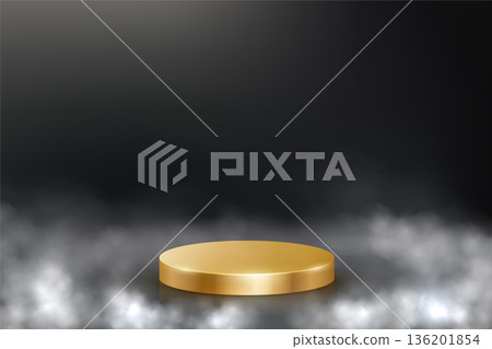 Gold podium in smoke on dark background. Empty 3d golden stage in fog cloud for product display. Luxury pedestal for cosmetics presentation or winners ceremony. Abstract vector illustration Gold podium in smoke on dark background. Empty 3d golden stage in fog cloud for product display. Luxury pedestal for cosmetics presentation or winners ceremony. Abstract vector illustration 136201854