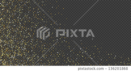 Gold glitter confetti background. Golden glittering dust on transparent background with copy space. Festive holiday shiny luxury backdrop. Abstract vector illustration Gold glitter confetti background. Golden glittering dust on transparent background with copy space. Festive holiday shiny luxury backdrop. Abstract vector illustration 136201868