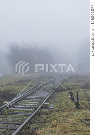 Diverging railway tracks receding into dense fog in Uhrice 136201874