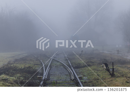 Railway tracks diverging in heavy winter fog Railway tracks diverging in heavy winter fog 136201875