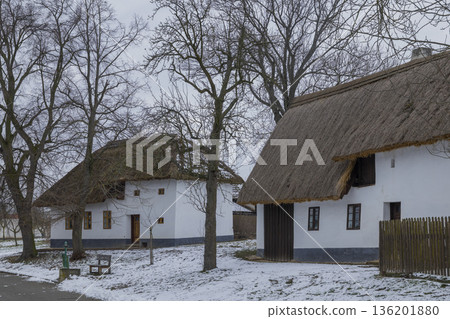Traditional thatched roof houses in snowy Rymice, Czechia Traditional thatched roof houses in snowy Rymice, Czechia 136201880