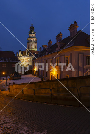 Cesky Krumlov Castle tower and old town in winter evening 136201888
