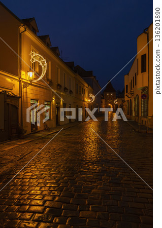Latran street in Cesky Krumlov lit up at night 136201890