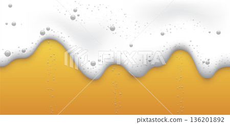 Beer foam background. Mug or bottle of beer with white textured foam with bubbles. Water foam on sand beach. Realistic vector illustration 136201892