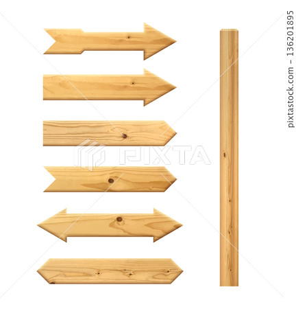 Wooden arrows pointers vector illustration set. Realistic wood sign posts. Blank arrows with wood texture 136201895