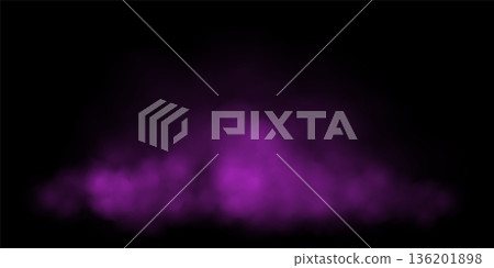 Purple fog or smoke cloud on black background. Realistic smoke effect vector illustration. Gas cloud, smoky mist, toxic vapor, meteorological phenomenon, condensation over land or water surface 136201898