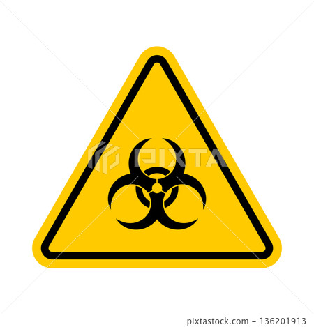 Bio hazard sign. Symbol of biology threats alert. Danger alert yellow triangle traffic mark vector illustration isolated on transparent Bio hazard sign. Symbol of biology threats alert. Danger alert yellow triangle traffic mark vector illustration isolated on transparent 136201913