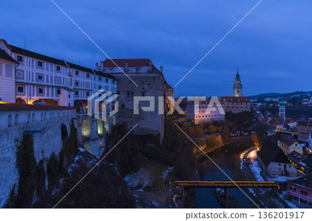 Cesky Krumlov Castle on Vltava river during blue hour 136201917
