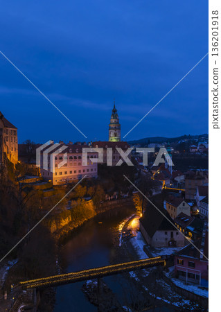 Cesky Krumlov Castle and Vltava river at winter twilight 136201918