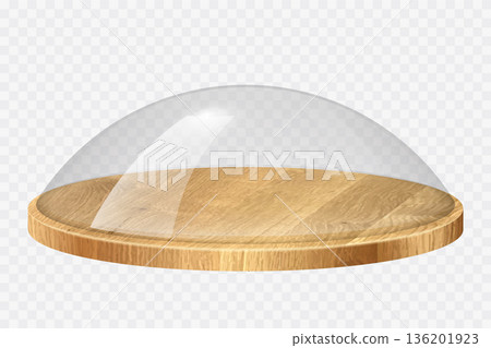 Glass dome with wooden tray. Transparent crystal bell, container, case, cover with round wood plate. Empty product display or showcase. Realistic vector illustration isolated on transparent background Glass dome with wooden tray. Transparent crystal bell, container, case, cover with round wood plate. Empty product display or showcase. Realistic vector illustration isolated on transparent background 136201923