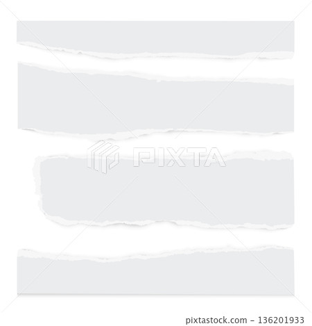 Torn white paper sheets set with ripped edges on white background. Scrapbook edge, notebook tear, blank page split vector collection. Damaged letter, document mockup, newspaper cutout Torn white paper sheets set with ripped edges on white background. Scrapbook edge, notebook tear, blank page split vector collection. Damaged letter, document mockup, newspaper cutout 136201933