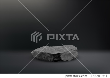 Stone podium background. Rock stand product display. Natural grey marble pedestal on dark wall for product placement. Modern minimal cosmetic design. Fashion beauty realistic vector illustration Stone podium background. Rock stand product display. Natural grey marble pedestal on dark wall for product placement. Modern minimal cosmetic design. Fashion beauty realistic vector illustration 136201951