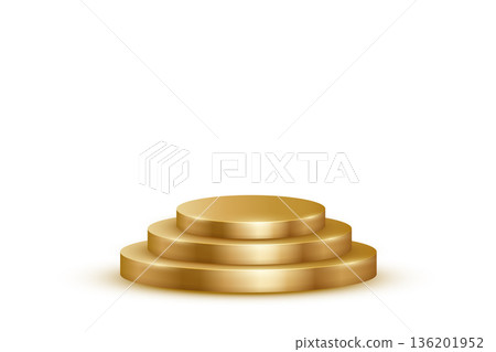 Gold podium for awards or product display vector illustration. Empty 3d golden stage on white background. Luxury elegant platform for cosmetics presentation, ceremony pedestal for winners Gold podium for awards or product display vector illustration. Empty 3d golden stage on white background. Luxury elegant platform for cosmetics presentation, ceremony pedestal for winners 136201952