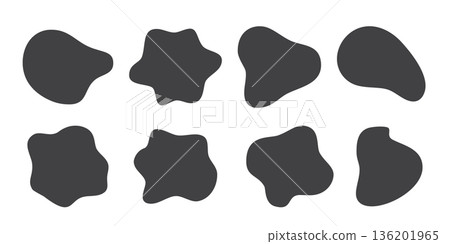 Organic blob irregular round abstract shapes vector set. Black liquid circle random amoebas isolated on white background. Fluid bobble blotch forms, deform drops, grey smooth pebbles 136201965