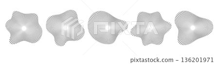 Circular sound waves. Abstract circular lines pattern. Music audio bursts. Ring of thin rays with wavy silhouette. Radial spectrum design. Geometric waveform vector illustration isolated on white Circular sound waves. Abstract circular lines pattern. Music audio bursts. Ring of thin rays with wavy silhouette. Radial spectrum design. Geometric waveform vector illustration isolated on white 136201971