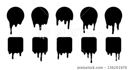 Paint melted drip shape icons set vector illustration. Splash of black ink circle and square drop, liquid blobs melt and flow, simple stickers with fluid droplets on wall isolated on white 136201978