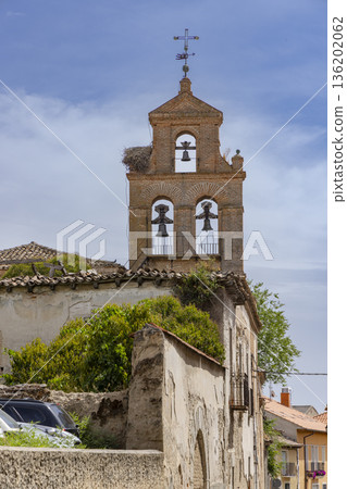 Brick bell tower with stork nest, Tordesillas, Spain Brick bell tower with stork nest, Tordesillas, Spain 136202062