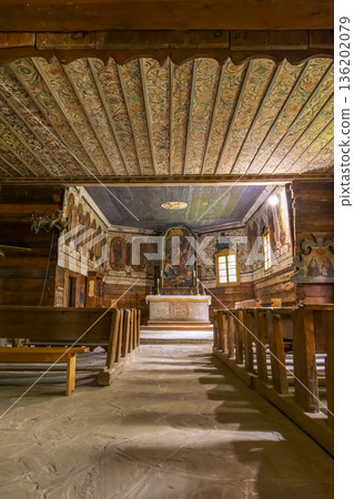 Ornate traditional wooden church interior in Zuberec Slovakia Ornate traditional wooden church interior in Zuberec Slovakia 136202079