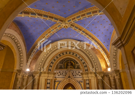 Adorned vault ceiling inside Basilica of Santa Chiara, Assisi, Italy 136202096