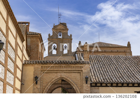 Bell tower with storks nest in Tordesillas, Spain 136202108