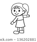 Line drawing of a standing girl, elementary school student, child 136202881