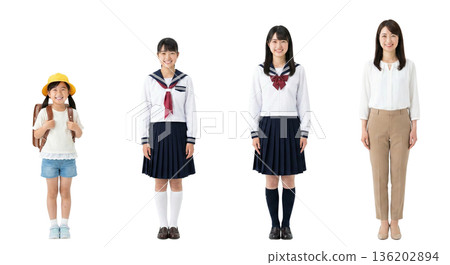 一套四張不同年齡的日本女性全身鏤空圖，涵蓋小學生到職場女性，透明PNG格式。 136202894