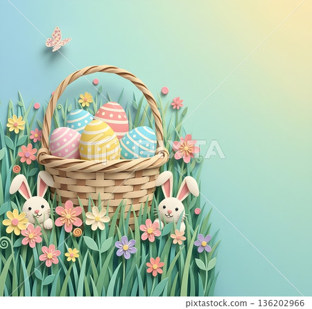 Cute 3D Paper Cut Easter Basket with Eggs and Peeking Bunnies 136202966