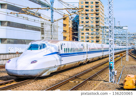 Yokohama cityscape in Japan: Inbound tourism continues... View of the Shinkansen in front of Shin-Yokohama Station and Yokohama Prince Hotel (left). Towards a new era 136203065