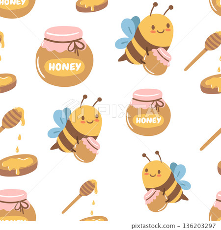 Seamless pattern with honey jars, bees and dippers. Cozy illustration for food packaging, kitchen textiles, wrapping paper and sweet branding. Seamless pattern with honey jars, bees and dippers. Cozy illustration for food packaging, kitchen textiles, wrapping paper and sweet branding. 136203297
