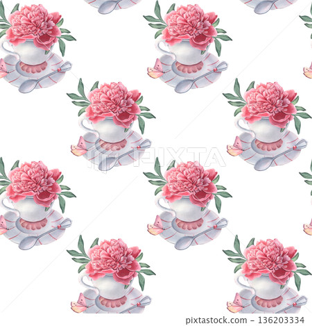 Seamless pattern with vintage teacup, saucer, teaspoon, pink peony, leaves. Hand-painted watercolor illustration isolated on white for textile, packaging, wallpaper, branding, wedding design, decor Seamless pattern with vintage teacup, saucer, teaspoon, pink peony, leaves. Hand-painted watercolor illustration isolated on white for textile, packaging, wallpaper, branding, wedding design, decor 136203334