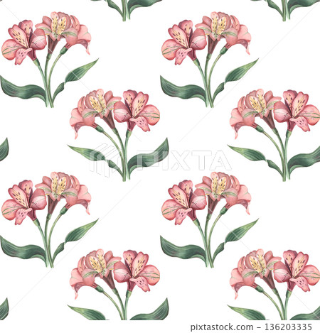 Seamless pattern, bouquet with alstroemeria flowers. Hand-painted watercolor botanical illustration isolated on white for textiles, packaging, stationery, wallpapers, branding, wedding design, decor Seamless pattern, bouquet with alstroemeria flowers. Hand-painted watercolor botanical illustration isolated on white for textiles, packaging, stationery, wallpapers, branding, wedding design, decor 136203335
