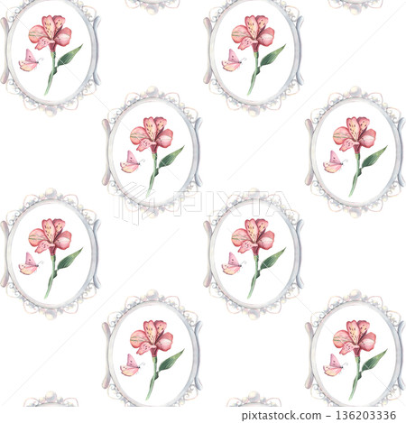 Seamless pattern, vintage pearl frame, alstroemeria, butterfly. Hand-painted watercolor illustration isolated on white for textile, packaging, stationery, wallpaper, branding, wedding design, decor 136203336