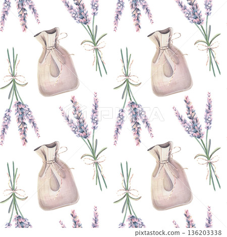 Seamless pattern with linen bag, lavender bouquet. Hand-painted watercolor illustration of medicinal herbs isolated on white for natural cosmetic, aromatherapy branding, printing on textile, packaging Seamless pattern with linen bag, lavender bouquet. Hand-painted watercolor illustration of medicinal herbs isolated on white for natural cosmetic, aromatherapy branding, printing on textile, packaging 136203338