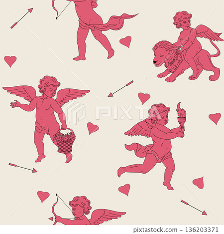 Vintage Cupid Seamless Romantic Cherubs Pattern on Pink Background Vintage Cupid Seamless Romantic Cherubs Pattern on Pink Background 136203371