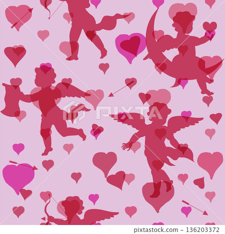 Seamless pattern vintage cupid dark romantic on black background, illegible script, text Seamless pattern vintage cupid dark romantic on black background, illegible script, text 136203372