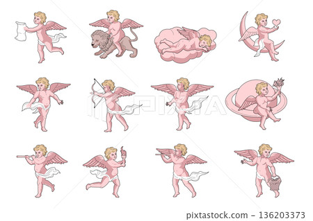 Set of hand drawn vintage style cupid and cherub doddle, sketch 136203373