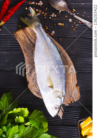 Gray Mullet Fish (Kefal) with spice on board 136203422