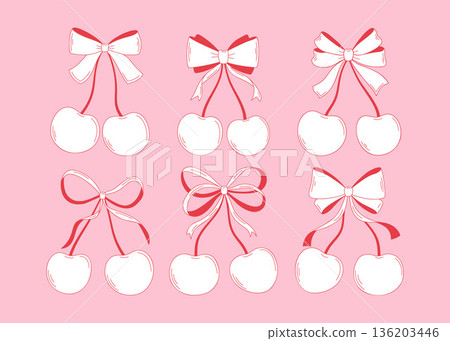 Set of coquette cherries with bows. Different vintage cherries and ribbons. Sweet fruit illustration in feminine romantic style. Hand-drawn vector graphic element 136203446