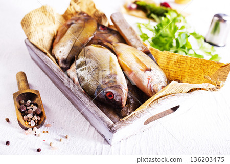 Raw pike perch, pikeperch fish. Fresh fish. 136203475