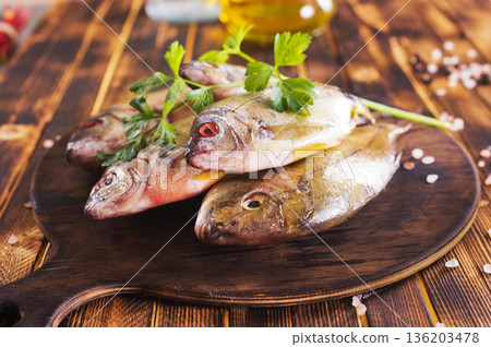 Raw pike perch, pikeperch fish. Fresh fish. 136203478